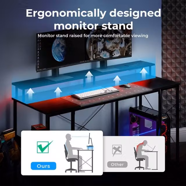 Levede Modern Brown and Black Gaming Desk with Monitor Shelf and RGB Lighting, W/D/H: 120 x 60 x 75 cm