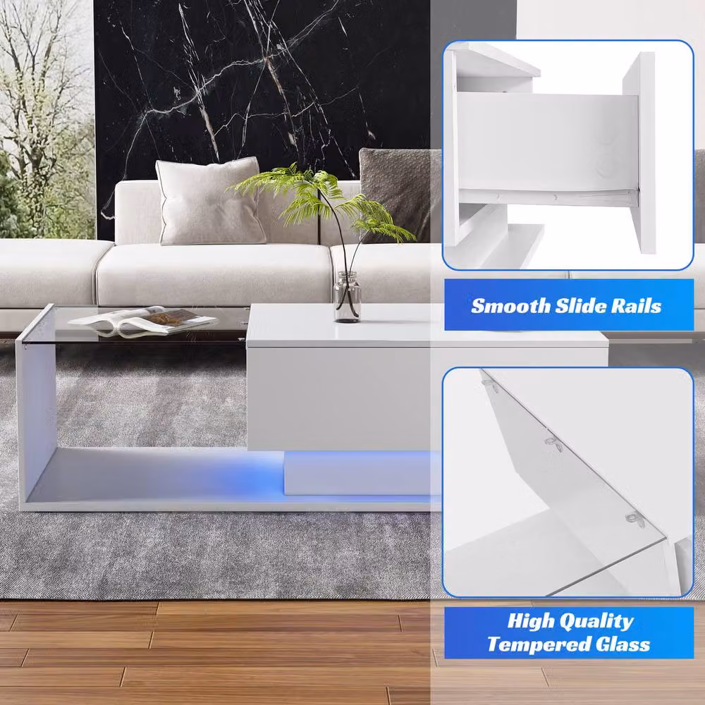 Matteo Modern High Gloss LED Coffee Table with Glass Top and Drawer, White, W/D/H: 50 x 50 x 32 cm – 2
