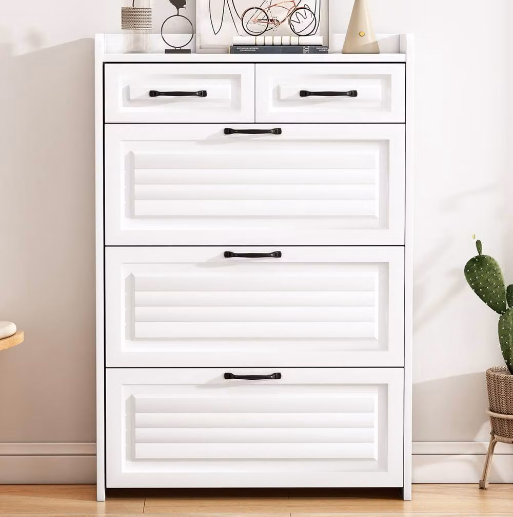 STILVORA Modern Shoe Cabinet with 3 Tilting Compartments and 2 Drawers in White and Black – 2