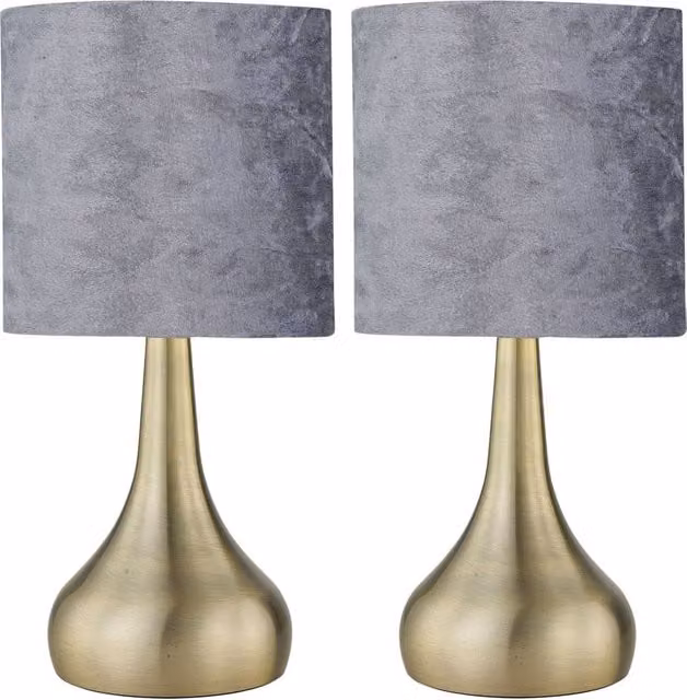 First Choice Lighting Romana Set of 2 Antique Brass Touch Table Lamps with Bronze and Grey Fabric Shades