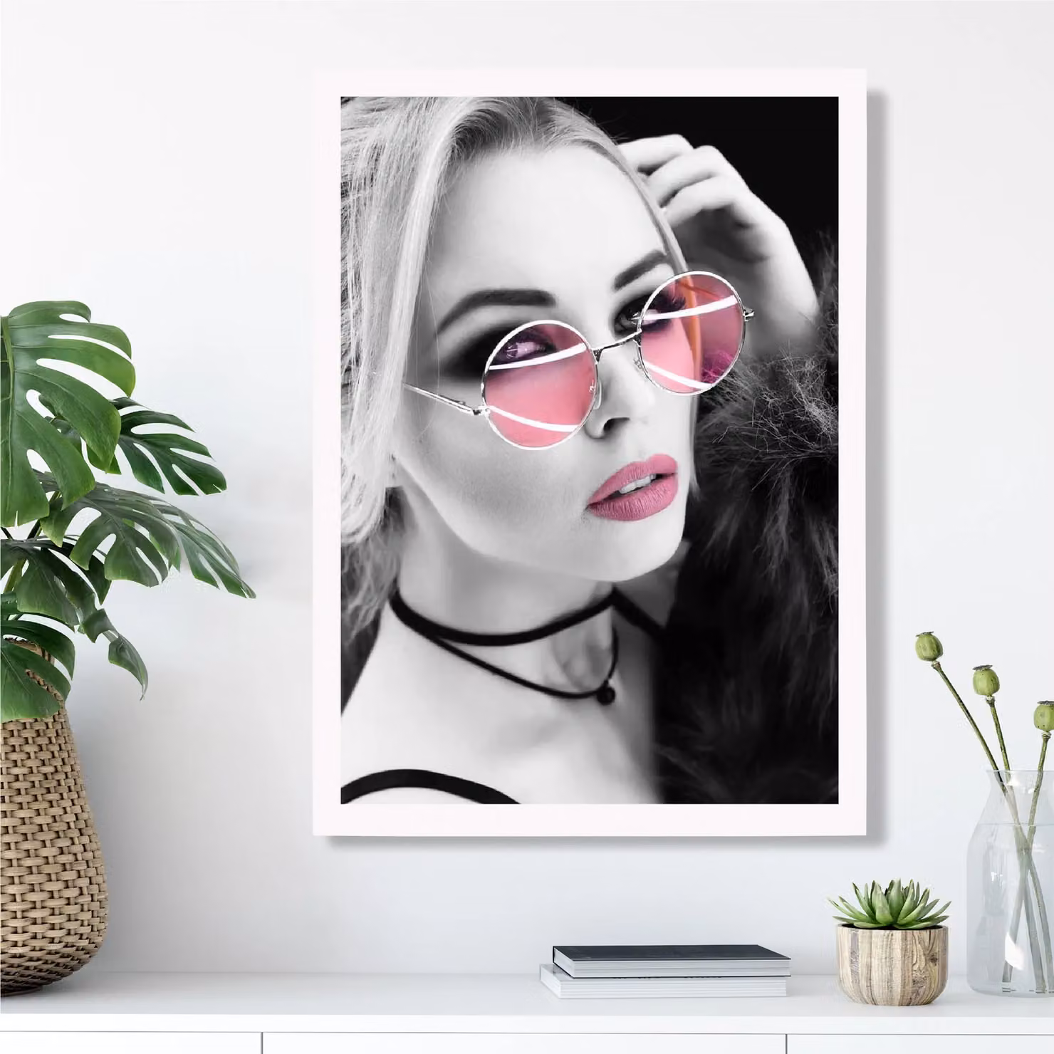 ARTZE Girl with Pink Sunglasses Black and White Framed Photo Print, White Frame, A4 – 2