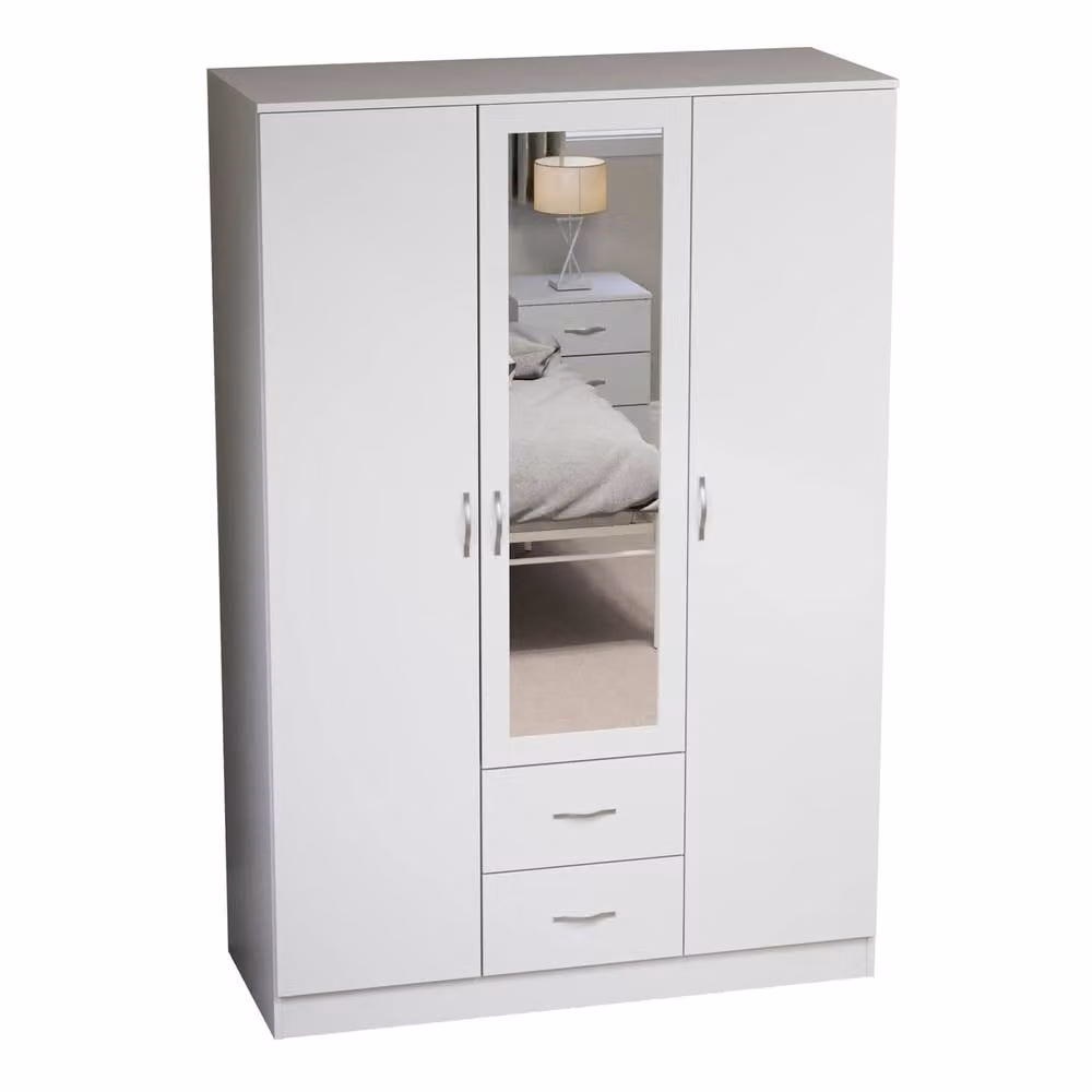 HD Designs Riano Modern White 3 Door 2 Drawer Mirrored Wardrobe with Internal Shelves and Hanging Rod – 2