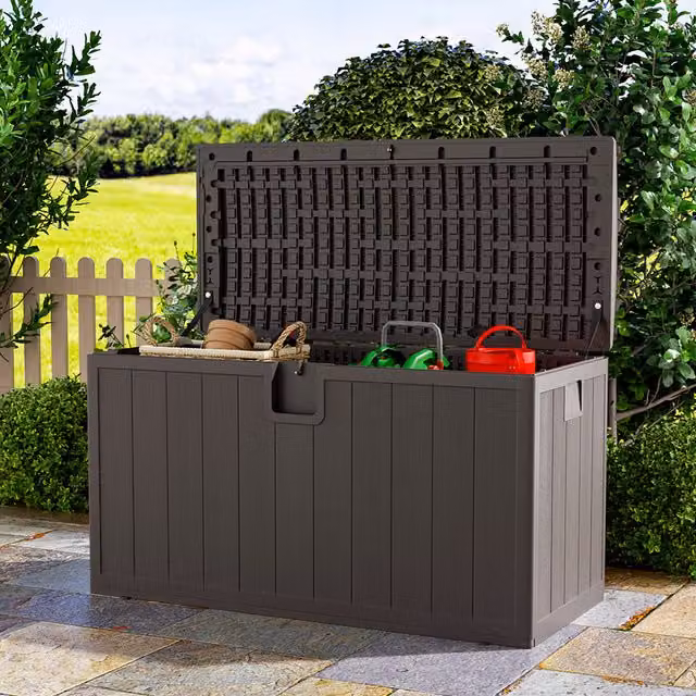 Livingandhome 105-Gallon Plastic Outdoor Garden Deck Storage Box in Brown
