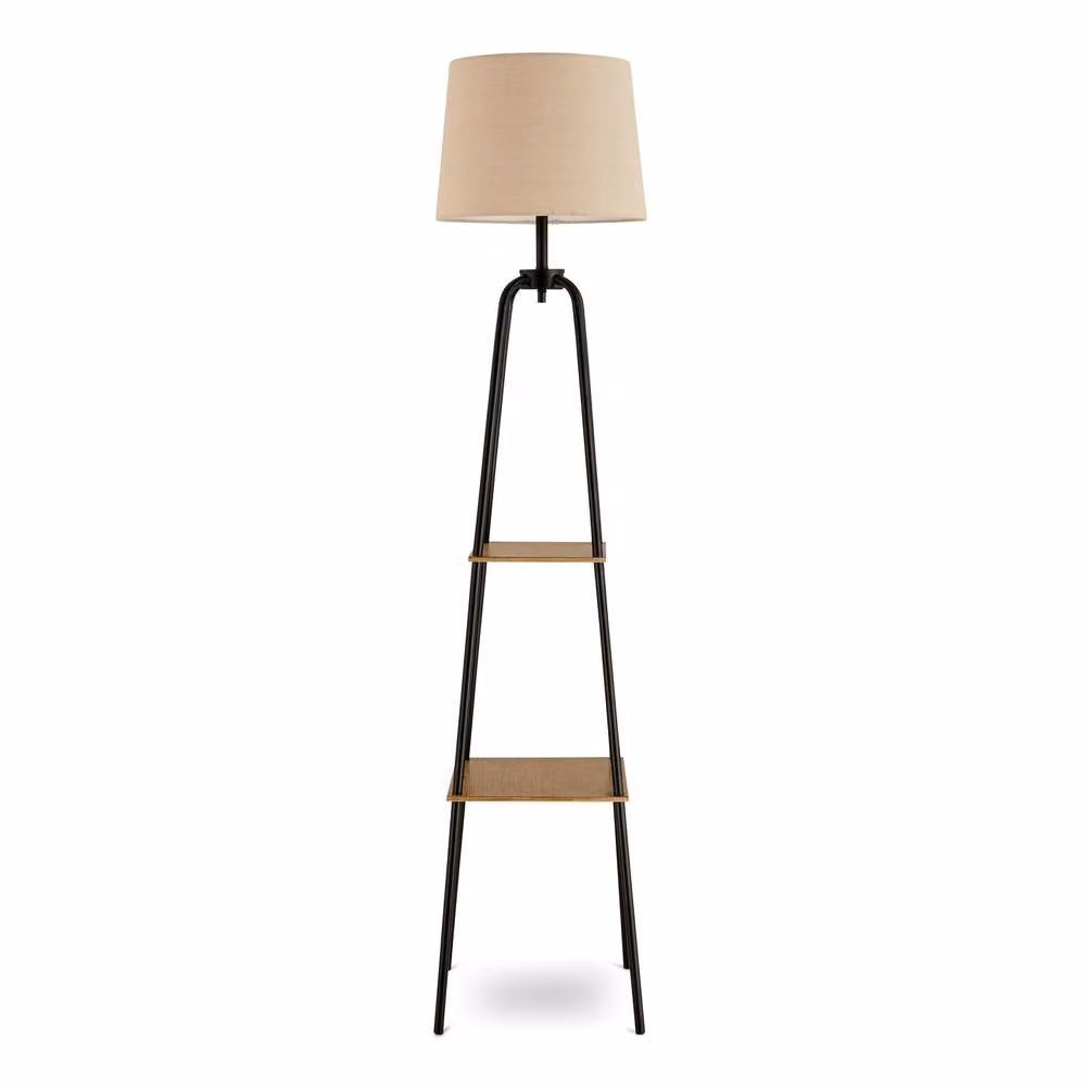 FurnitureboxUK Kessia Black Standing Floor Lamp with Shelves and Beige Fabric Shade – 3