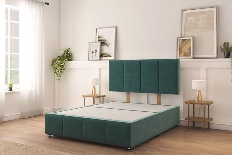 Sloomy Lisbon Plush Divan Bed Set in Emerald Green with 26 inch Strutted Headboard and 12 inch Matching Footboard, W/D/H: 80 x 190 cm