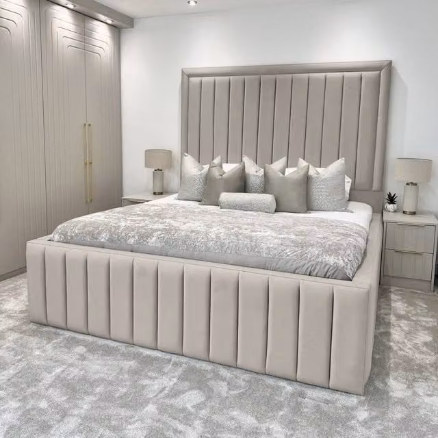 Living Comfort Bedz Hampton Upholstered Slatted Base Bed with 54-Inch Panel Headboard in Light Grey, W/D/H: 90 x 200 cm
