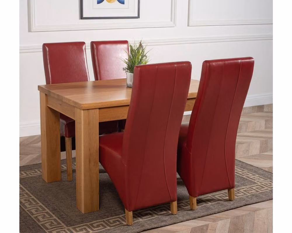 Thats Furniture Dakota Oak Dining Table and 4 Lola Burgundy Leather Chairs Set, W: 127 cm, D: 82 cm, H: 77 cm – 4