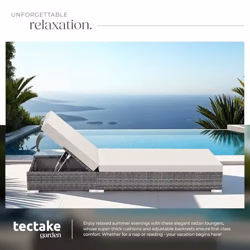 tectake 3-Piece Rattan Sun Lounger Set with Powder Coated Aluminium Frame, Side Tray and Weatherproof Cushions in Grey and Beige – 5
