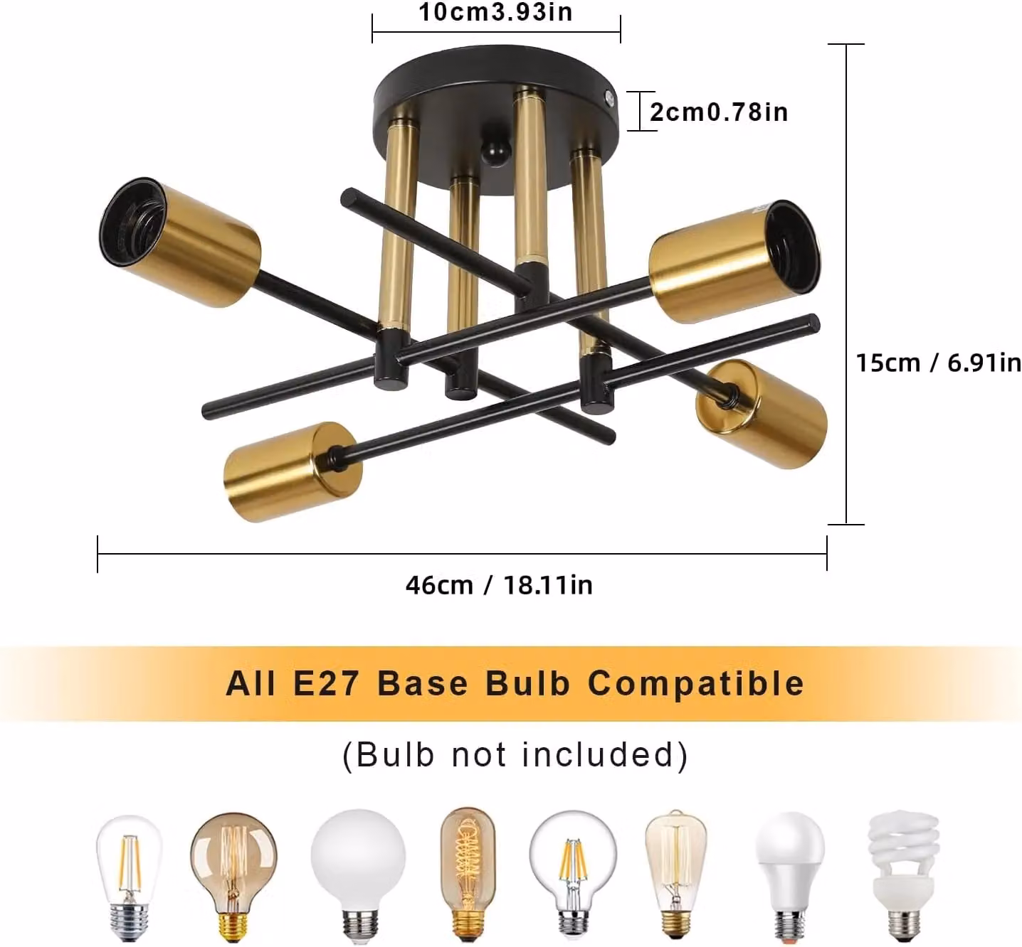 COMELY Industrial 4-Light LED Ceiling Light in Gold/Brass with E27 Base – 2