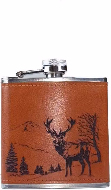 Selbrae House Scenic Stag Leather Hip Flask in Brown