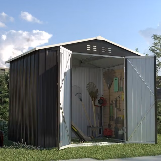BIRCHTREE Anthracite Metal Garden Shed with Double Doors and Gable Roof
