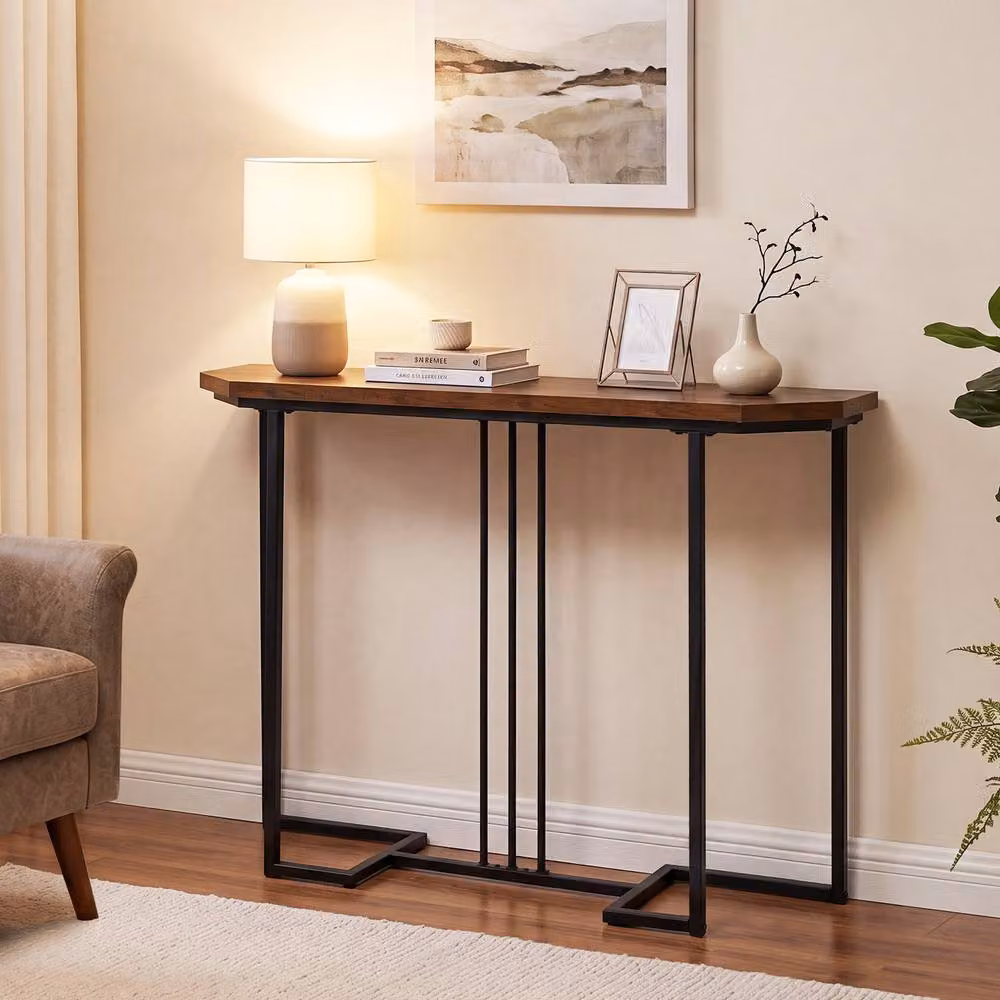 Gymax Modern Narrow Console Table with Brown Wood Grain Finish – 3