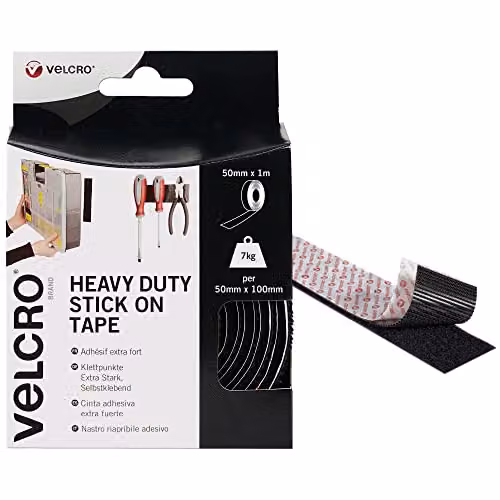 VELCRO Brand Heavy Duty Double Sided Self Adhesive Hook and Loop Tape, Black, Width: 50 mm, Length: 1 m – 1