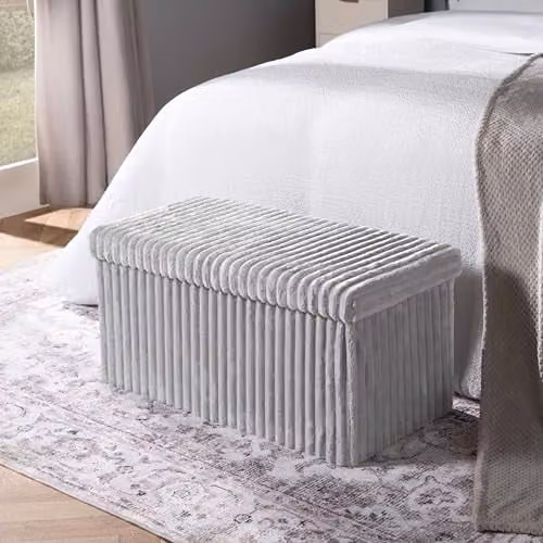 OHS Grey Ribbed Fleece Storage Ottoman Footstool with Lid, W/D/H: 80 x 40 x 40 cm