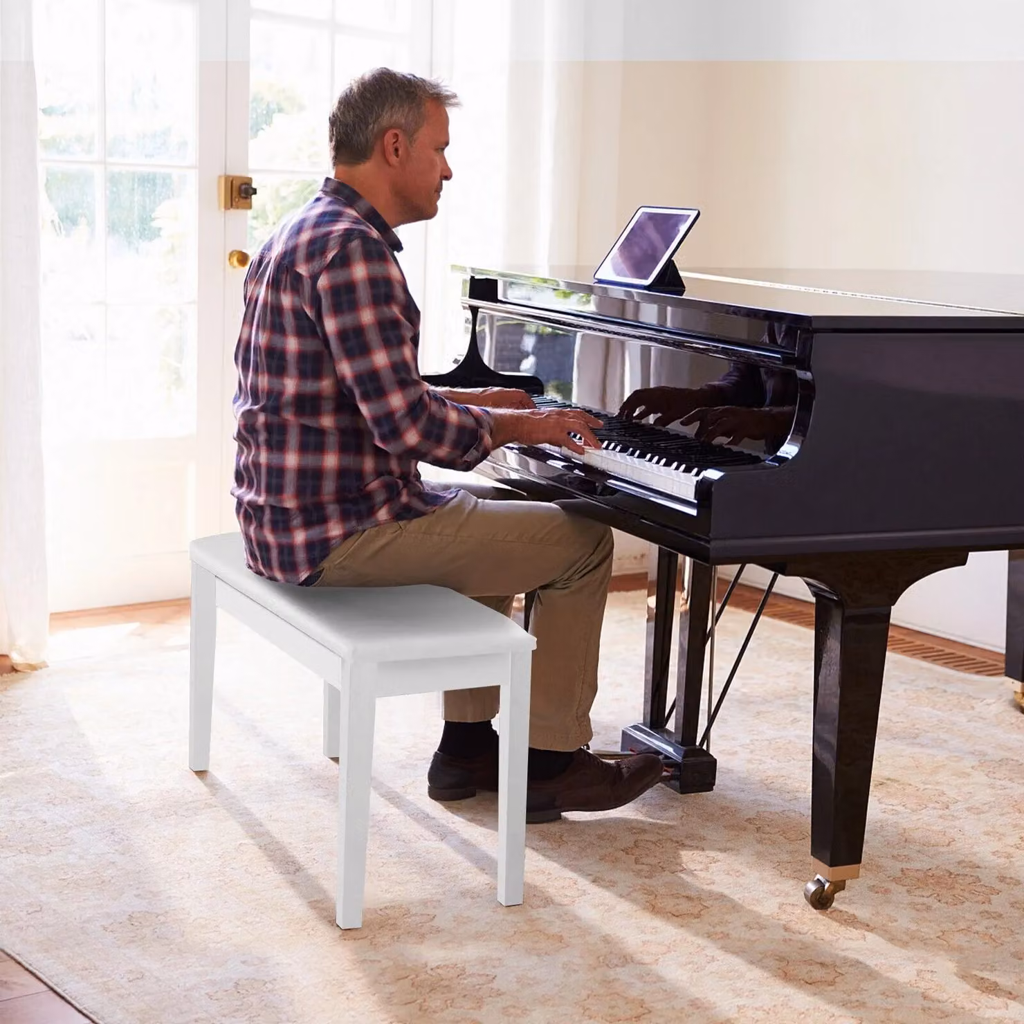 Costway White PU Leather Double Duet Piano Bench with Storage – 2