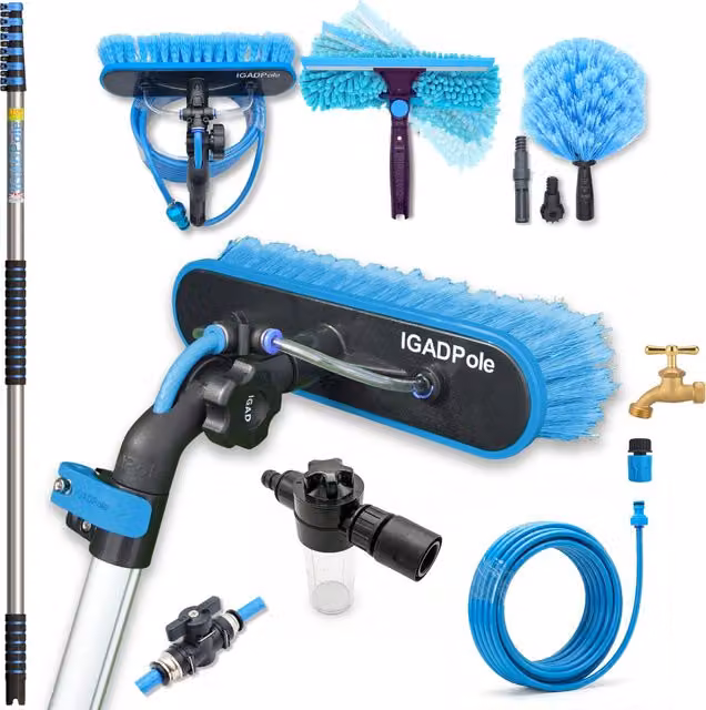 IGADPole Telescopic Window Cleaning Kit with Water-Fed Brush, Squeegee and Cobweb Duster in Blue
