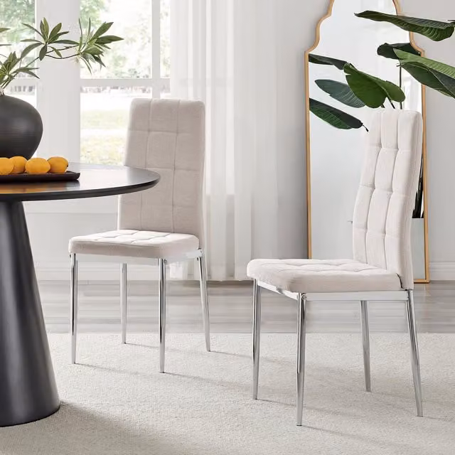 FurnitureboxUK Set of 2 Paloma Modern Fabric Dining Chairs with Silver Legs in Beige