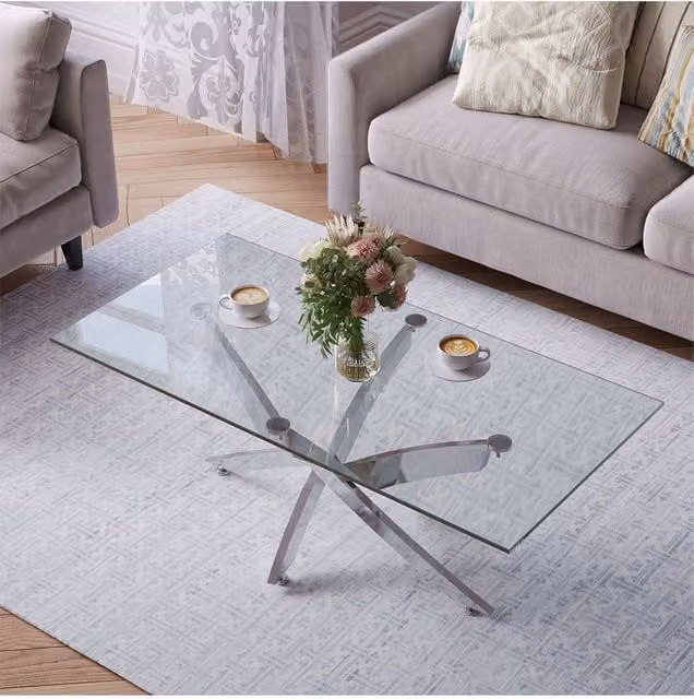 Living and Home Modern Square Clear Tempered Glass Coffee Table with Silver Metal Legs – 1