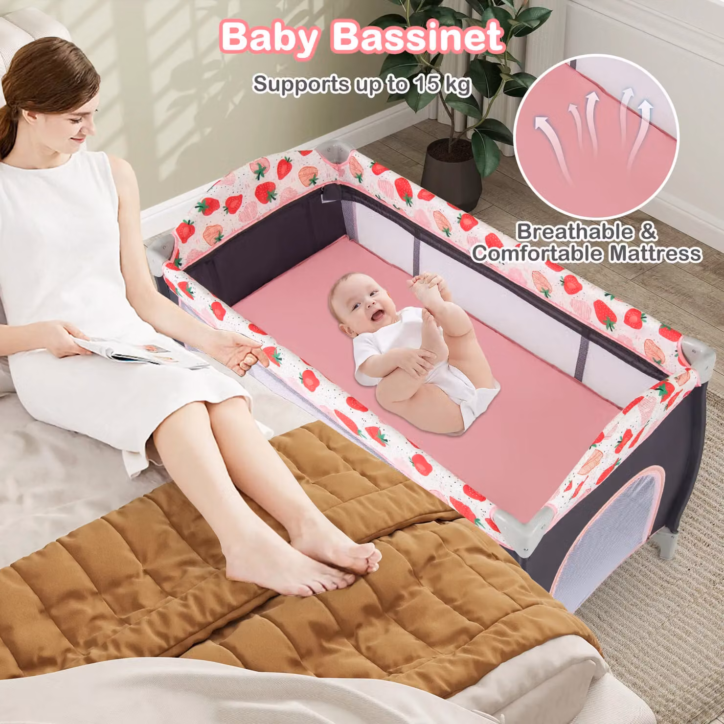 Gymax 4 in 1 Folding Infant Nursery Center Playard with Toy Bar in Pink – 6