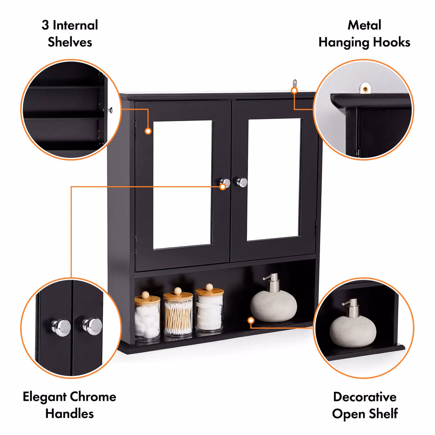 VonHaus Black 2 Door Wall Mounted Bathroom Mirror Cabinet with 3 Internal Shelves and 1 Open Shelf, H: 58 cm x W: 56 cm x D: 13 cm – 6