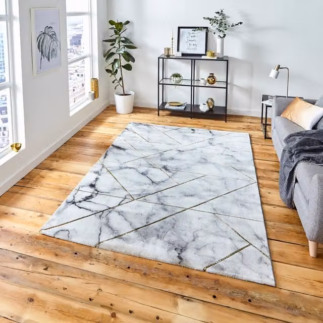 Terrys Modern Abstract Rectangular Rug in Gold, Grey and White, W: 200 cm, D: 290 cm