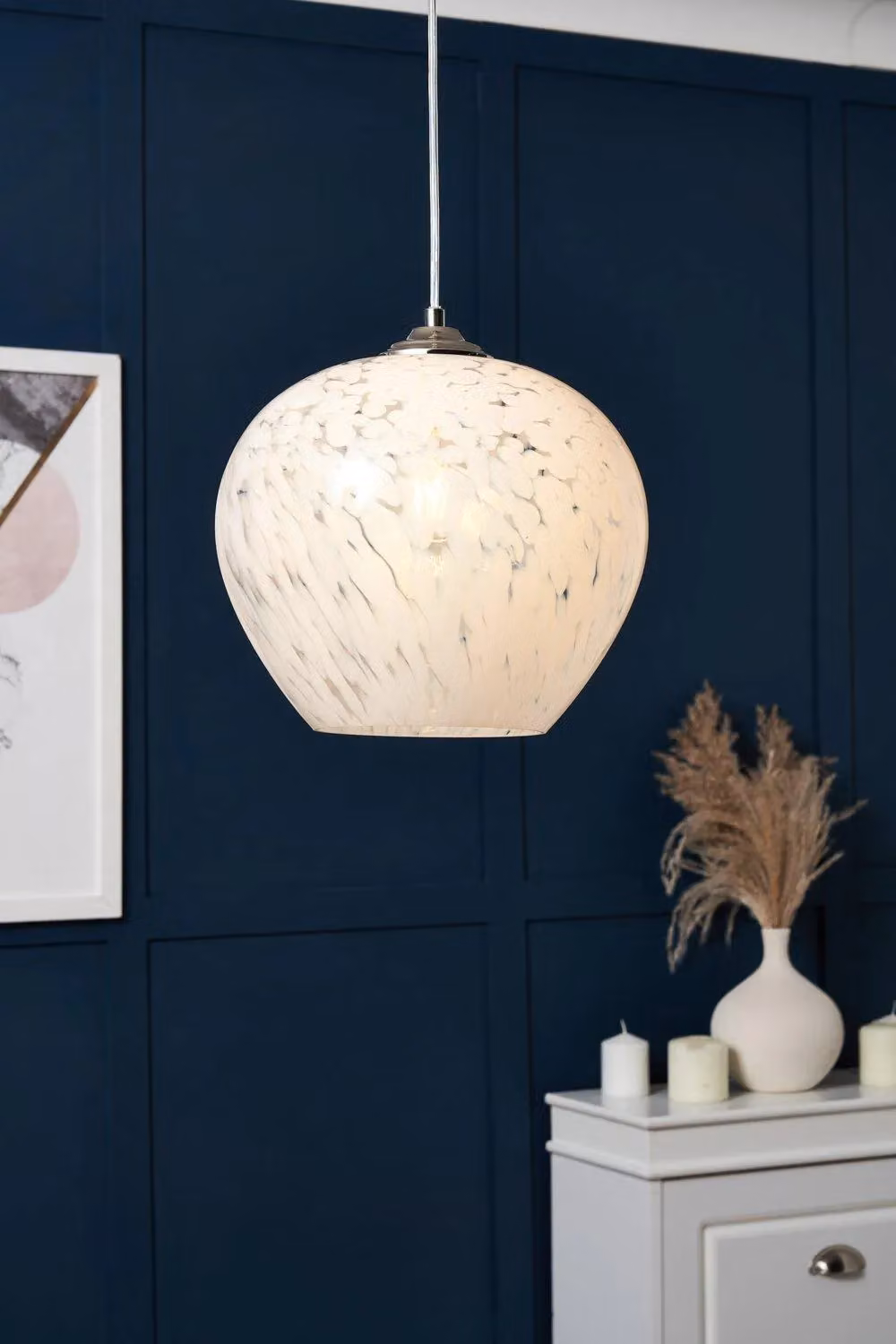 BHS Lighting Agnes Modern Suspended Pendant Ceiling Light in Silver and White with Glass – 2