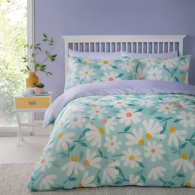 Fusion Daisy Retro Floral Reversible Duvet Cover Set in Duck Egg Blue, Single, W: 90 cm, H: 200 cm