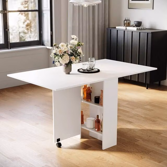 ERGOVEXA White Folding Dining Table with Drop Leaf, Rolling Desk and 2 Storage Shelves, W/D/H: 80 x 60 x 72 cm – 1