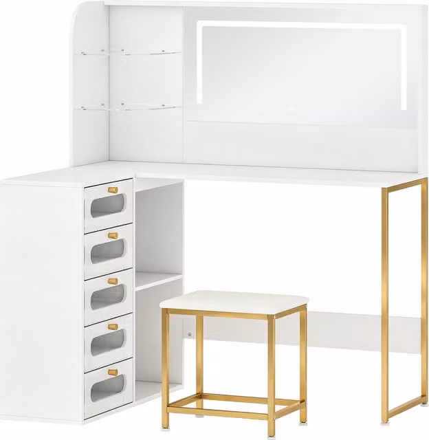 HOMCOM L-Shaped Dressing Table with LED Mirror, Stool and Drawers in White and Gold