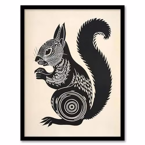 Artery8 Tribal Squirrel Framed Wall Art Print, Black and White Nature Illustration, W: 29.7 cm, H: 32.3 cm – 1