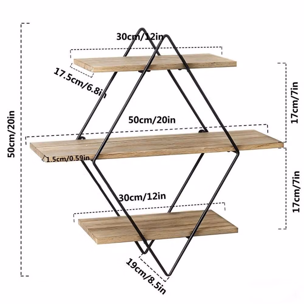 KORVIXA Geometric Floating Shelves in Brown, Modern Wood and Metal Wall Mounted Decorative Rack Holder, W/H: 100 x 100 cm – 2