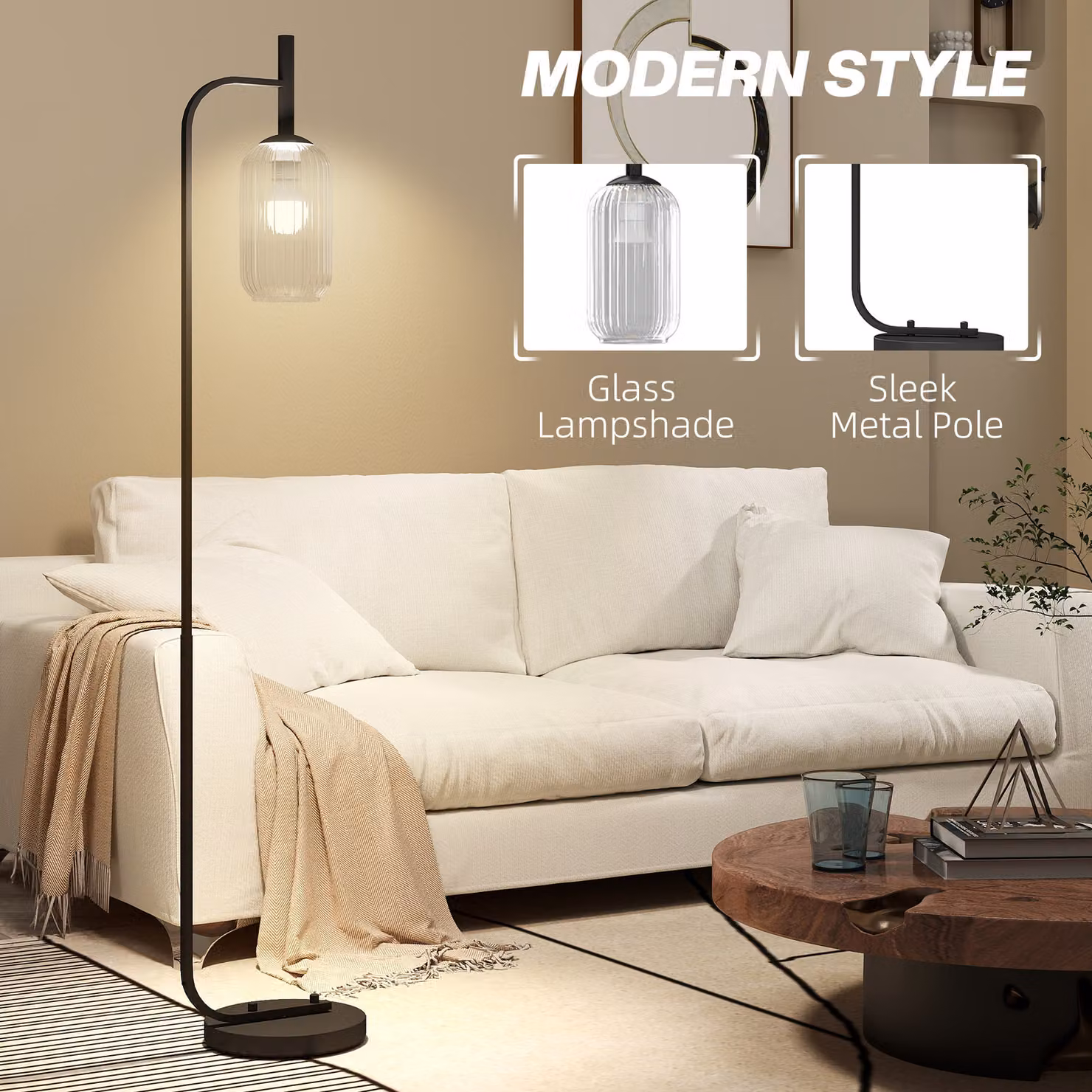 HOMCOM Modern Black Floor Lamp with Transparent Glass Cylinder Lampshade and Foot Switch – 3