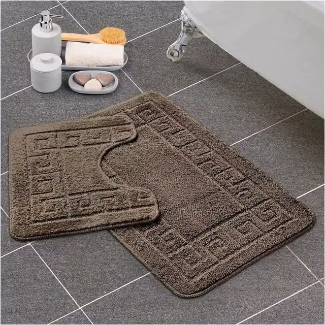 Gaveno Cavalia Greek 2 Piece Cotton Bath Set in Brown, including Bath Mat 50 x 80 cm and Pedestal Mat 50 x 40 cm – 1