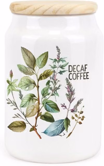Purely Home Floral Watercolour Herbs Ceramic Decaf Coffee Storage Canister - Green and White