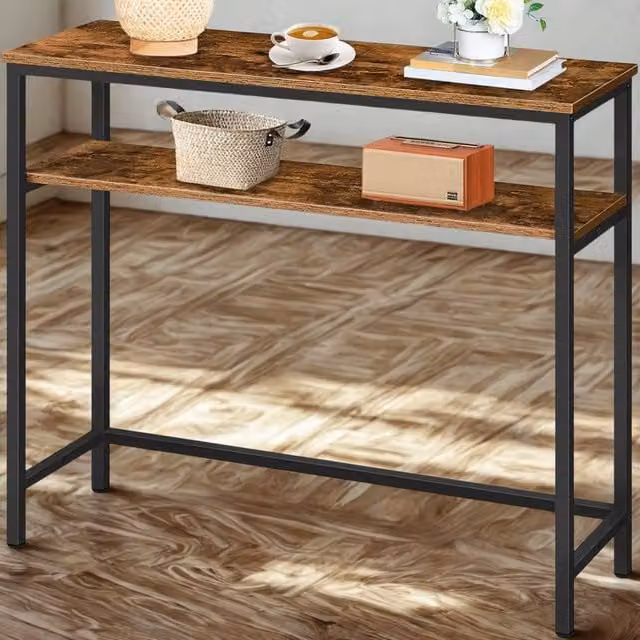 FURNOS 2 Tier Slim Hallway Console Table with Adjustable Shelves, Brown, W/D/H: 80 x 24 x 80 cm