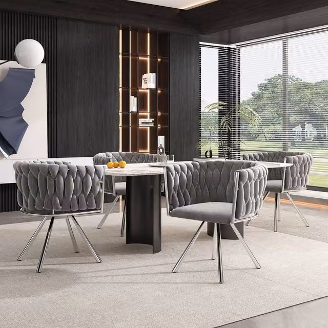 Merax Set of 4 Grey Velvet 360-Degree Swivel Dining Chairs with Armrests and Metal Legs