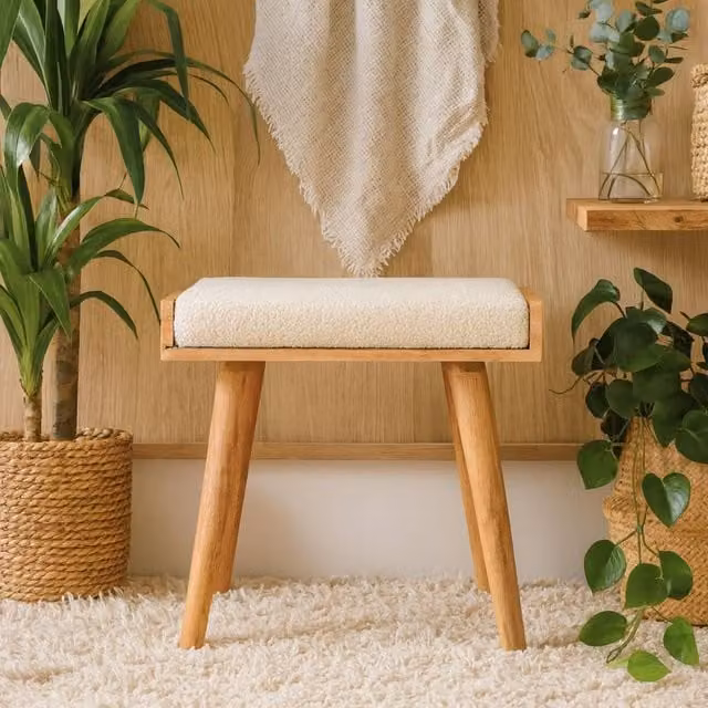 Wyld Haus Kampong Boucle Cream Tray Top Footstool with Mango Wood Frame