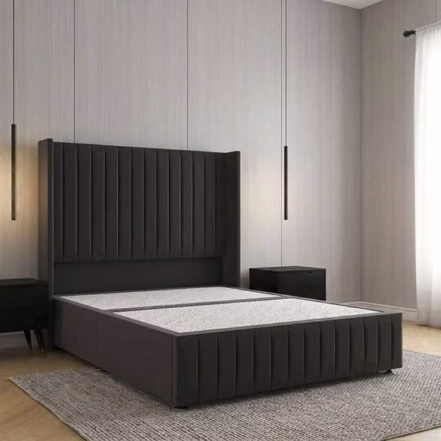 REGIONAL FURNISHINGS Luxury Single Divan Bed with Plush Headboard and Footboard in Black Velvet, W/D/H: 90 x 190 cm