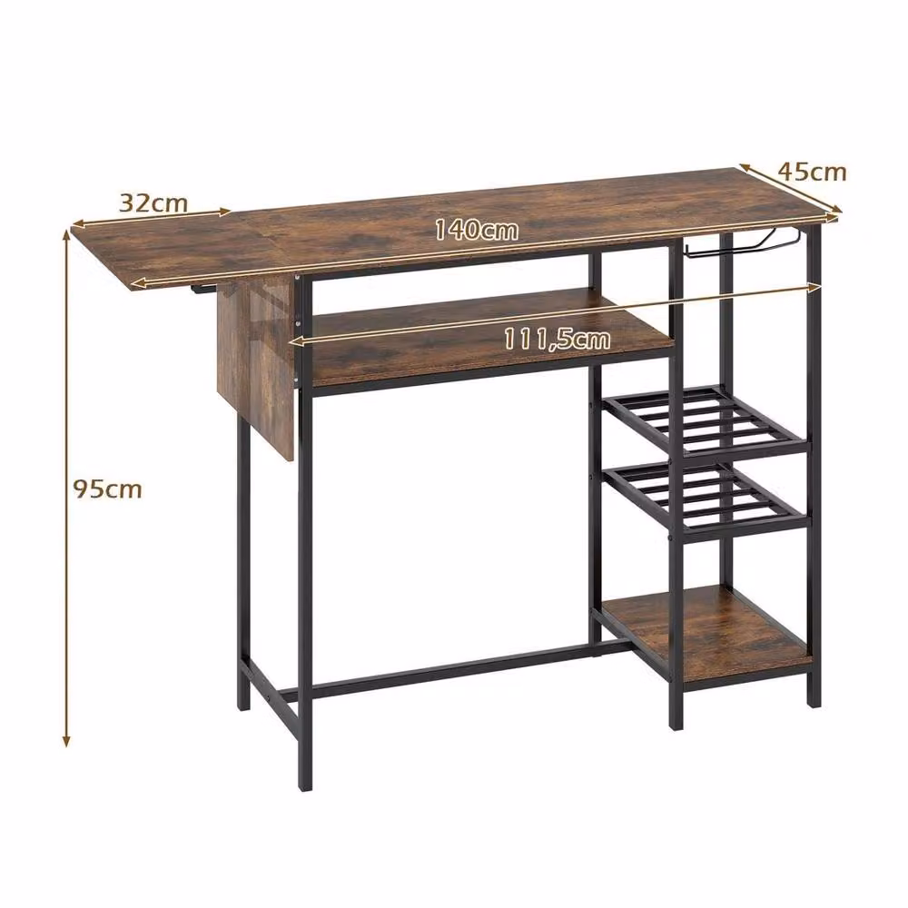 NESTLUNE Brown Counter Height Bar Table with Foldable Drop Leaf Top and Bottle Holders, W: 100 cm, D: 15 cm, H: 95 cm – 2
