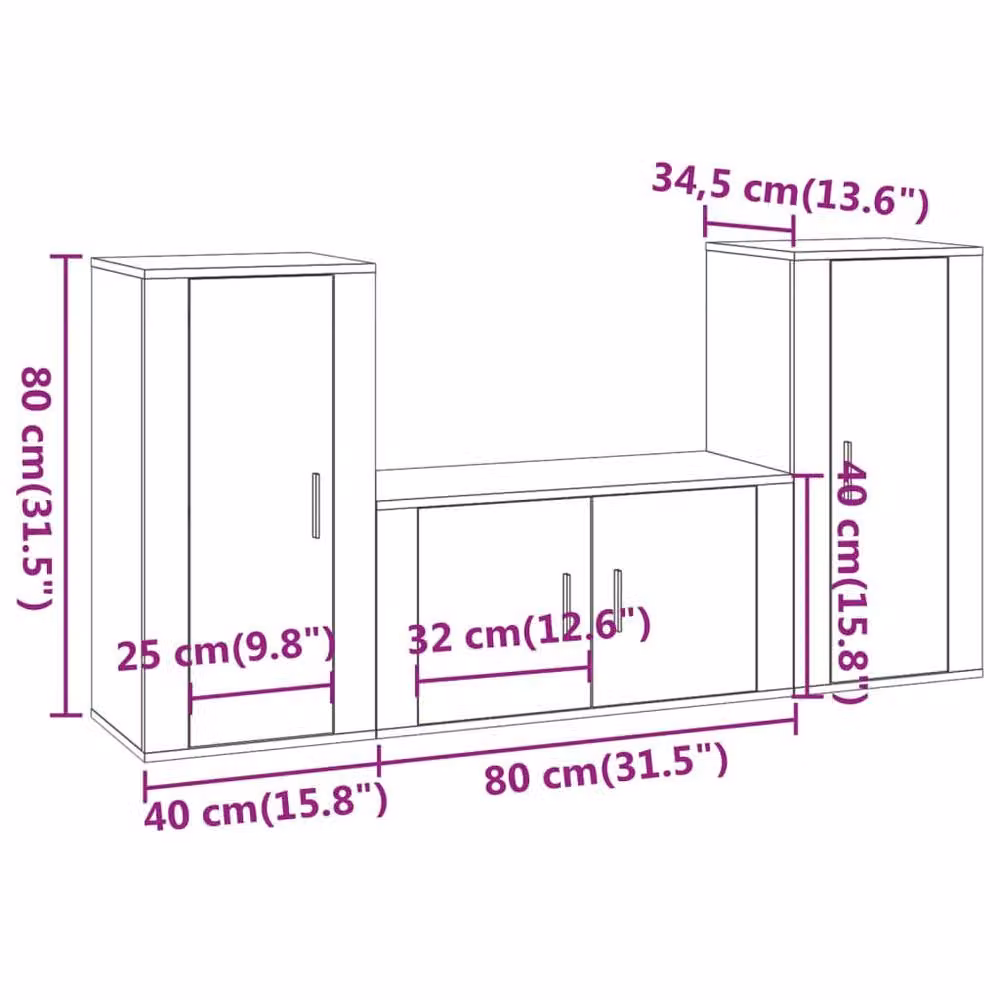 Berkfield Home Classic 3 Piece White Lowboard TV Cabinet Set with Hinged Doors and Internal Shelves – 3