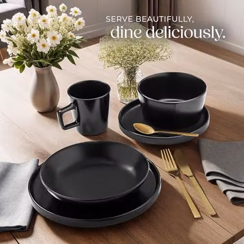 tectake 30-Piece Black Stoneware Dinnerware Set for 6 People, Microwave and Dishwasher Safe – 8
