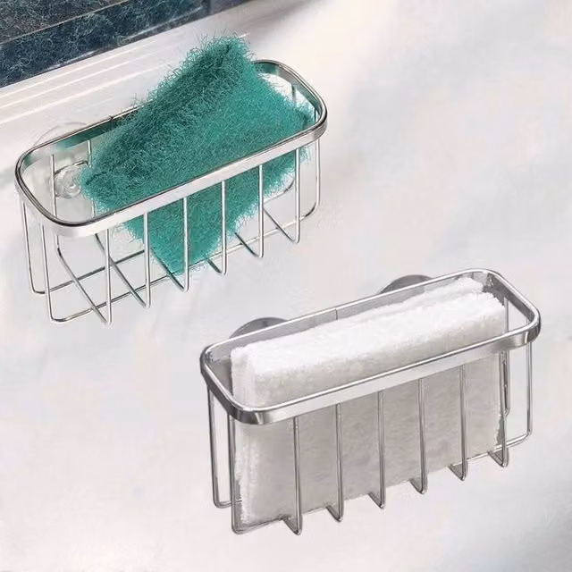 KORVIXA Silver Stainless Steel Sponge Holder and Soap Brush Sink Caddy with Drainage and Suction Compartment