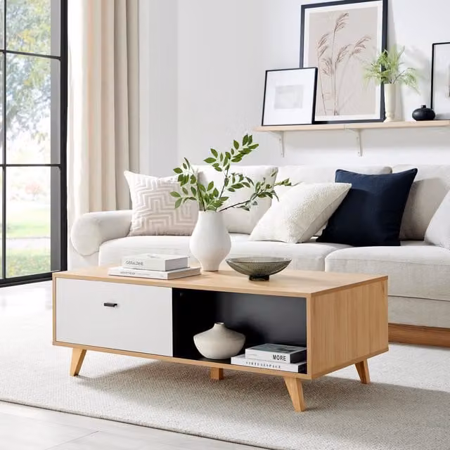 FurnitureboxUK Bisset Off-White and Wood Effect Rectangular Storage Coffee Table – 1