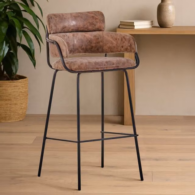 Orsina Tamzin Brown Faux Leather Bar Chair with Armrests and Gold Metal Accents – 1