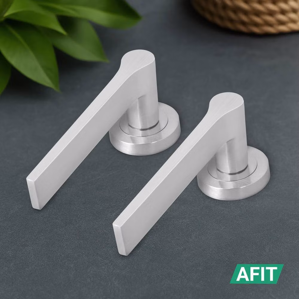 AFIT Satin Nickel Bathroom Door Handle Set in Silver with Lock and Hinges – 6