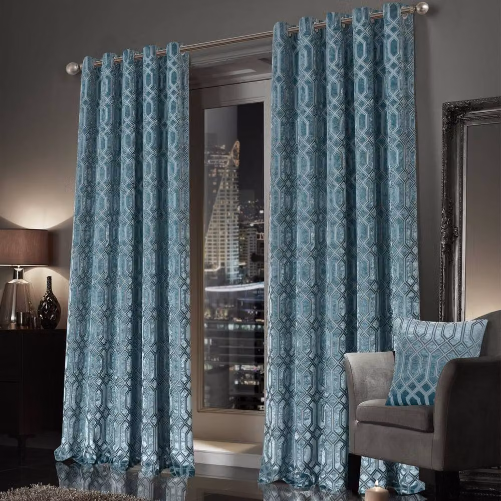 New Edge Blinds Luxe Geo Velvet Blackout Eyelet Curtains in Petrol, Width: 167 cm, Drop: 183 cm – 2