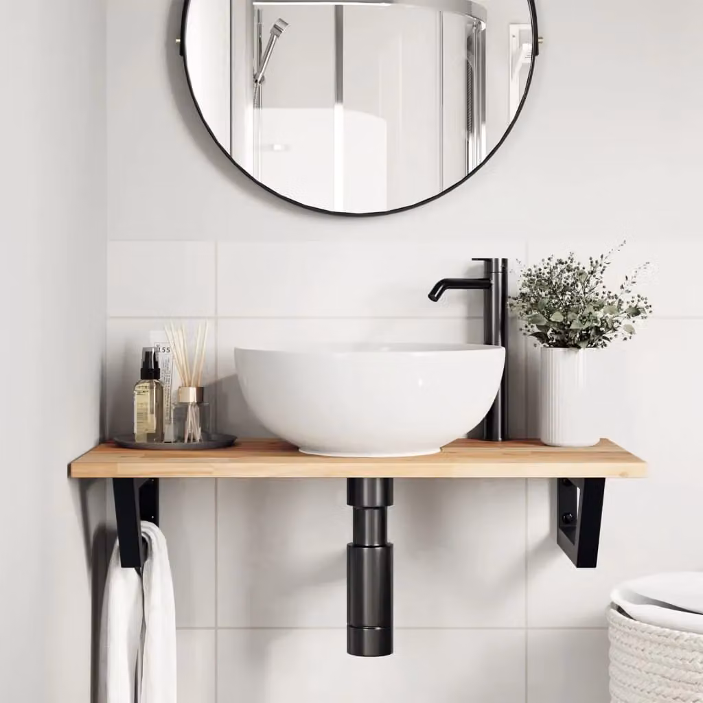 Berkfield Home Wall Mounted Basin Shelf in Brown Steel and Solid Acacia Wood – 2