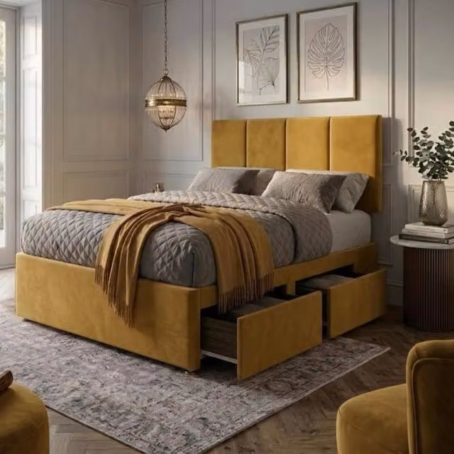 Bed Time UK Plush Divan Bed with Mattress, 20" Vertical Headboard and 2 Drawers, Yellow, W/D: 120 x 200 cm