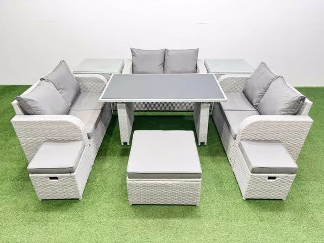 Fimous 9 Seater Modern Rattan Garden Furniture Set in Light Grey with 2 Side Tables and 3 Stools