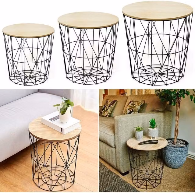 Gr8 Home Set of 3 Modern Geometric Round Coffee Tables in Black with Wood and Metal Finishes
